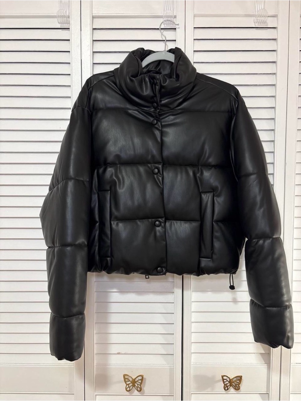 Zara Black Cropped Faux-Leather Puffer Jacket